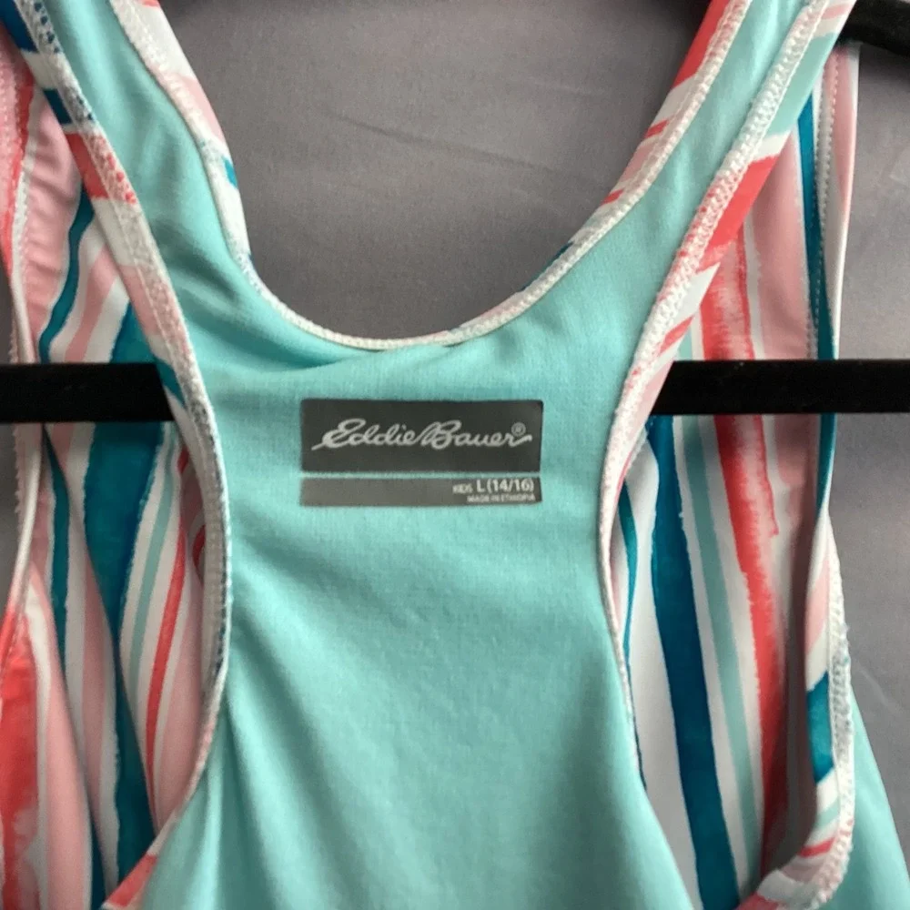 Eddie Bauer‎ Kids Swimsuit Striped Racerback One Piece Swimwear L (14/16)